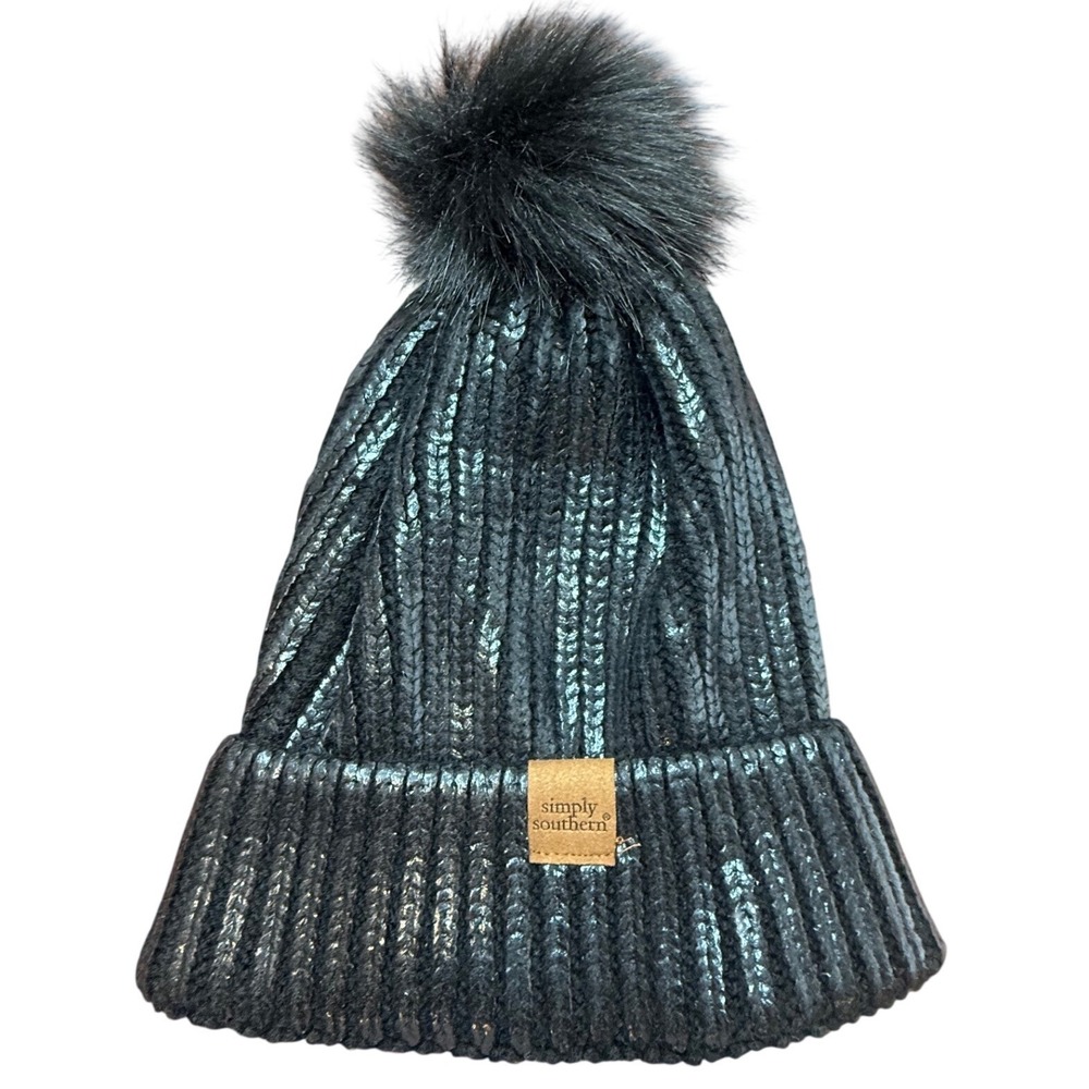 Simply Southern Black Sequin Pom Pom Beanie Winter Hat Women Preppy Fun - Picture 3 of 5